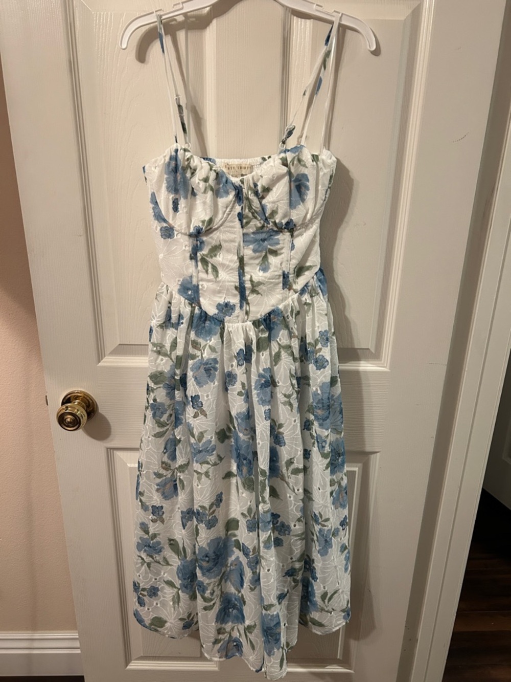 White Floral Midi Dress with Blue Roses